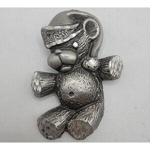 Vintage Signed JC Holiday Christmas Santa Hat Teddy Bear‎ Brooch Pin